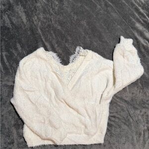SHEIN Cream V-Neck Sweater with Lace Detail
